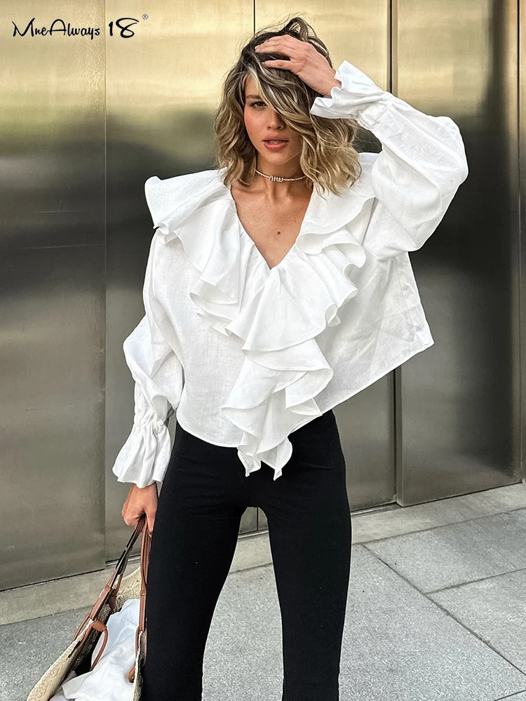 Mnealways18 White Laminated Flounces Cotton Linen Shirts Women V-Neck Puff Sleeve Oversize Blouses And Tops Autumn Office Ladies