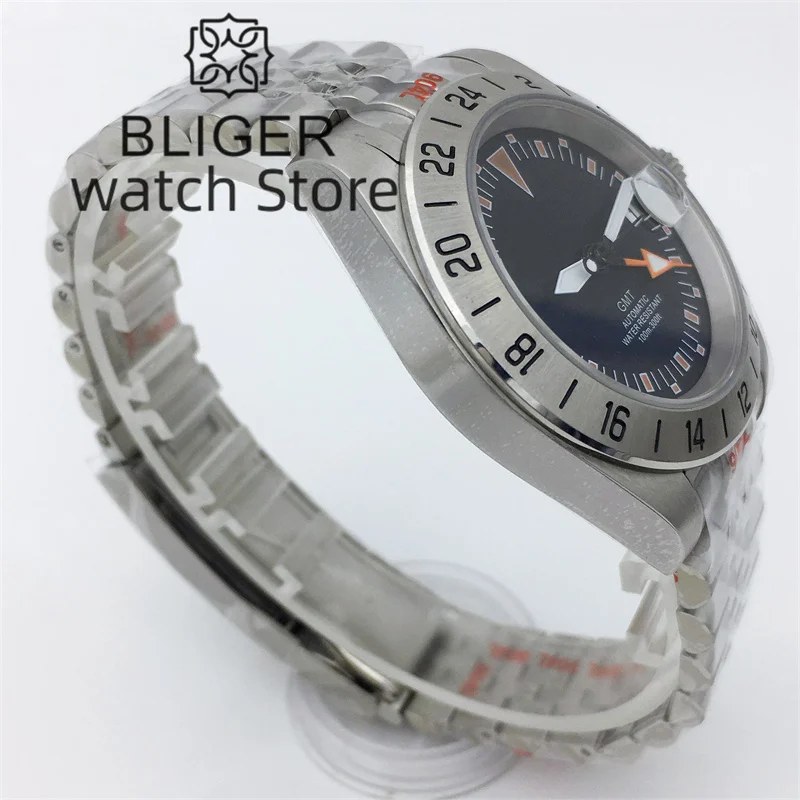 BLIGER 남성용 기계식 시계, GMT NH34 자동 무브먼트, 사파이어 글래스, 316L 스테인리스 스틸 팔찌, 100m 방수, 40mm