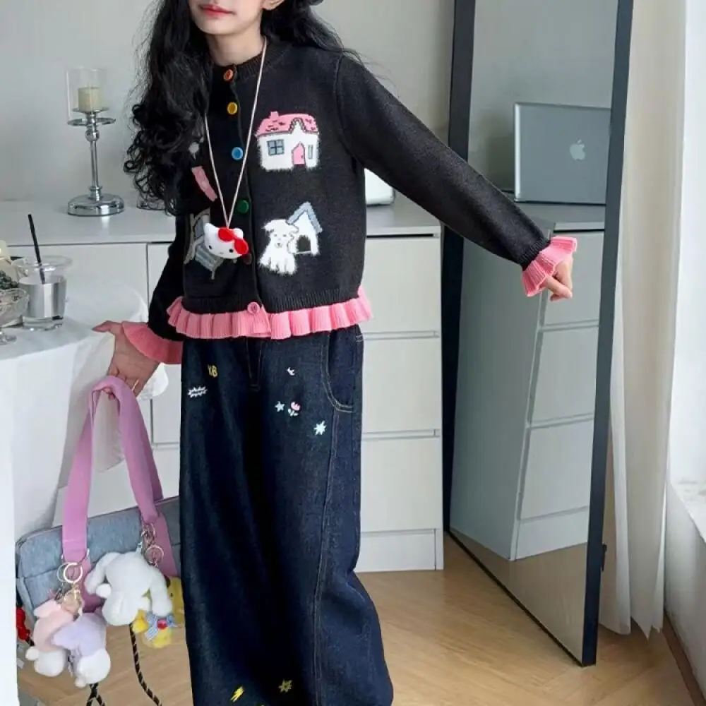 

Kawaii модный кардиган для девочек, свитер, джинсовый комплект, студенческий осенний повседневный трикотаж, топы, длинные штаны, комплект из 2 предметов, детская одежда