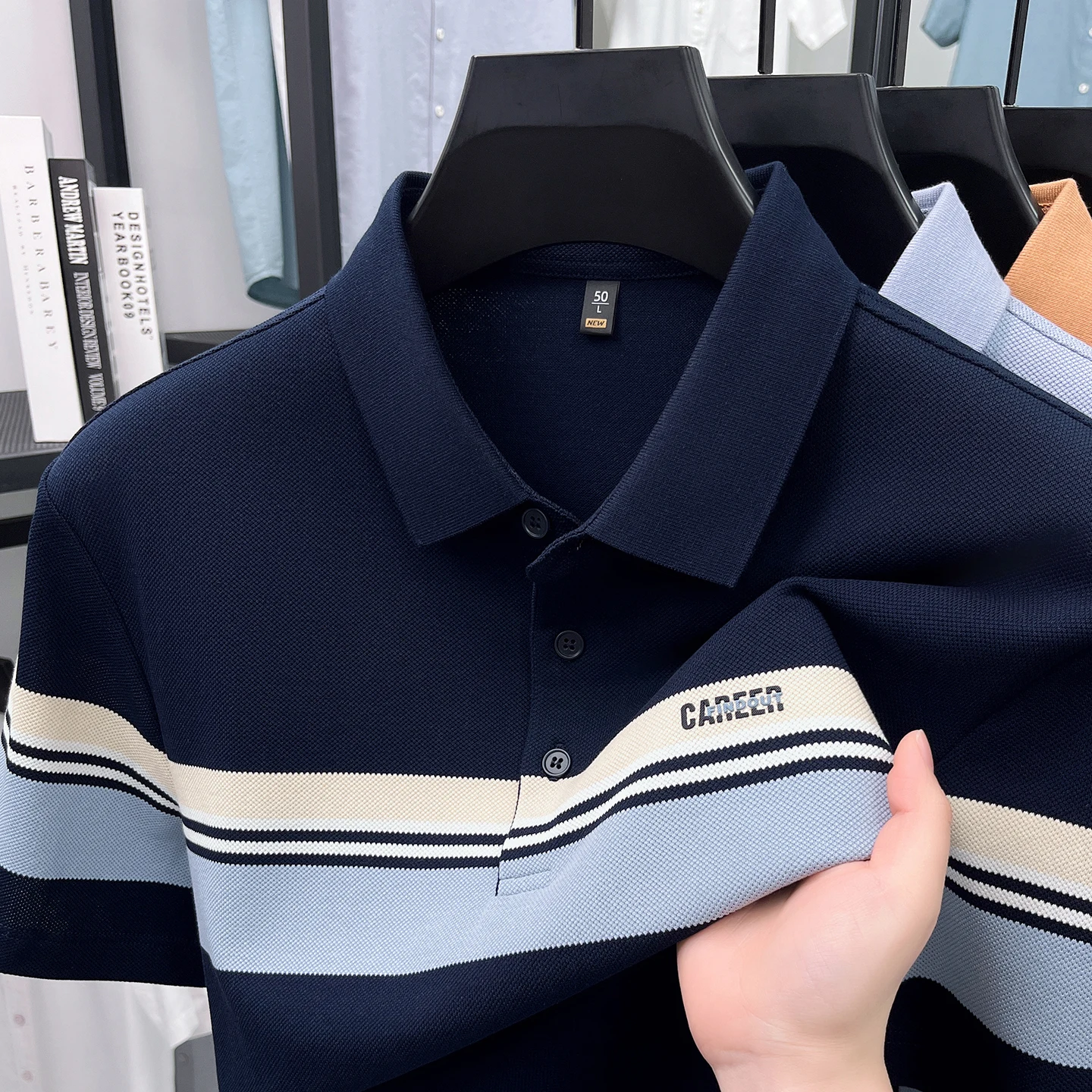Fashion letter embossed short sleeve polo shirt high-quality brand striped men's new casual business breathable summer T-shirt