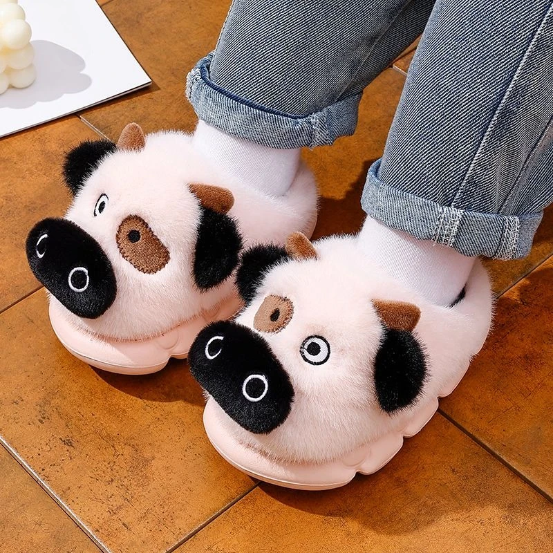 

Girls Winter New Warm Furry Cute Cow Design Kids EVA Slippers Thick Sole Non Slip Parent Child Cotton Shoes for Home Use