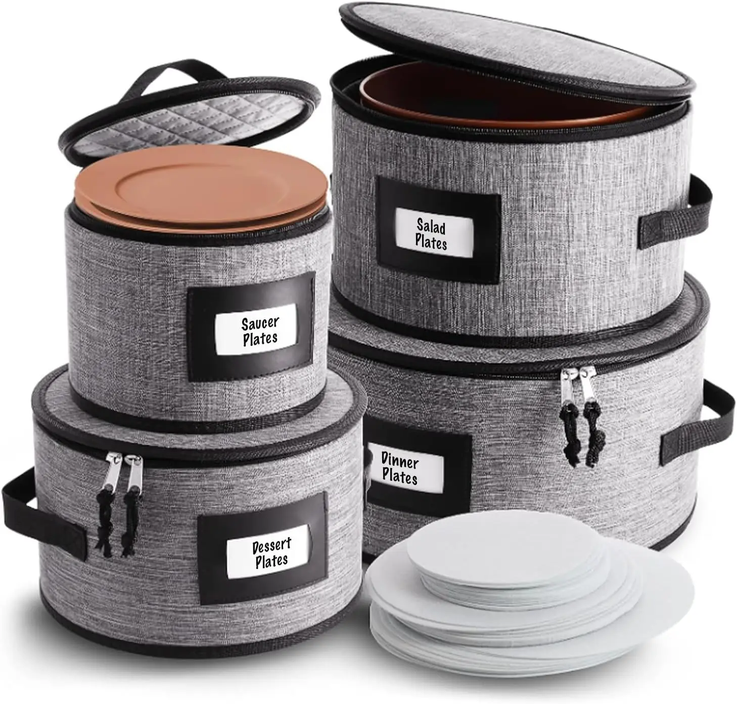 

Fine China Storage Containers Hard Shell, 4 Piece Dish Storage Containers, Quilted Plate Containers, Stackable Dish Organizer wi