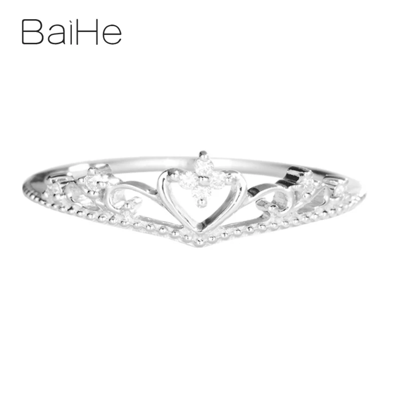 BAIHE Solid 14K White Gold H/SI Natural Diamond Crown Ring Women Gift Trendy Party Fine Jewelry Making Anillo corona Anel Coroa