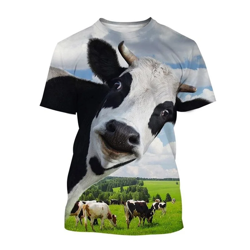 Funnny Cow Animal 3D Print T-shirt For Men Popular Outdoor Harajuku Short Sleeves Street Oversized T Shirt Male Kids Clothing