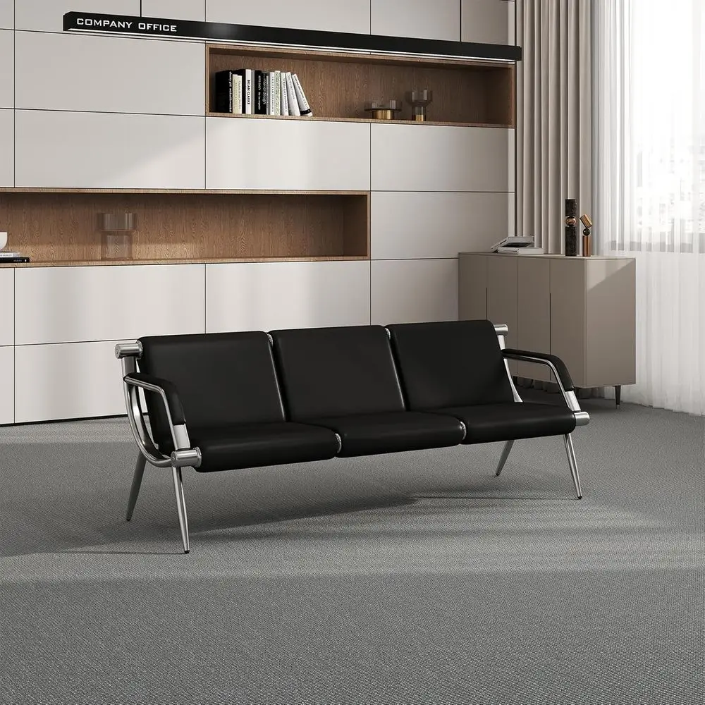 

Офисная мебель для приемных: кресло для гостей с подлокотниками и подушкой из искусственной кожи, для залов ожидания, аэропортов, больниц, банковских залов, черное