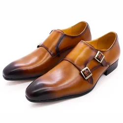 Classic Mens Monk Strap Formal Shoes Genuine Leather Business Double Buckle Luxury Gentleman Office Dress Shoes for Men