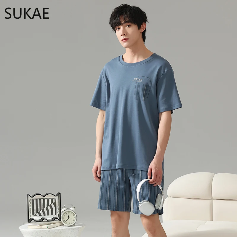 SUKAE Summer Men Sleepwear Cotton Pajamas Set Short Sleeves Shorts Nightwear for Boy L-3XL Young Man Pijamas Pullover Homesuits