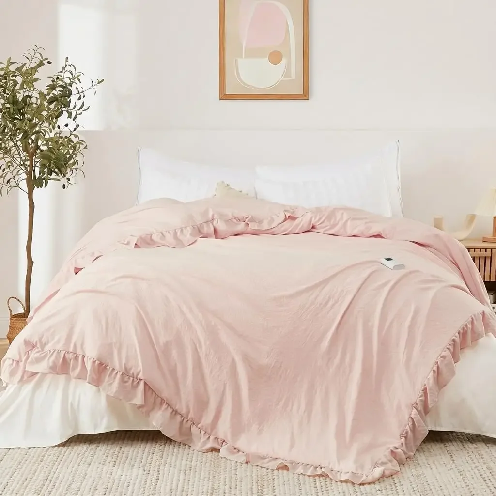 Queen Size Heated Comforter Blanket, Ruffle Electric Quilt with Wireless LCD Controller, Fast Heating & Overheat Protection, ETL Certified, Machine Washable, Pink, 90