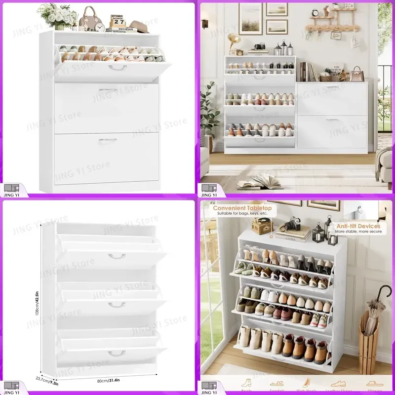 

White Shoe Cabinet with 3 Flip Doors Slim Freestanding Footwear Organizer for Hallway Entryway Storage Rack Space Saving Shoe