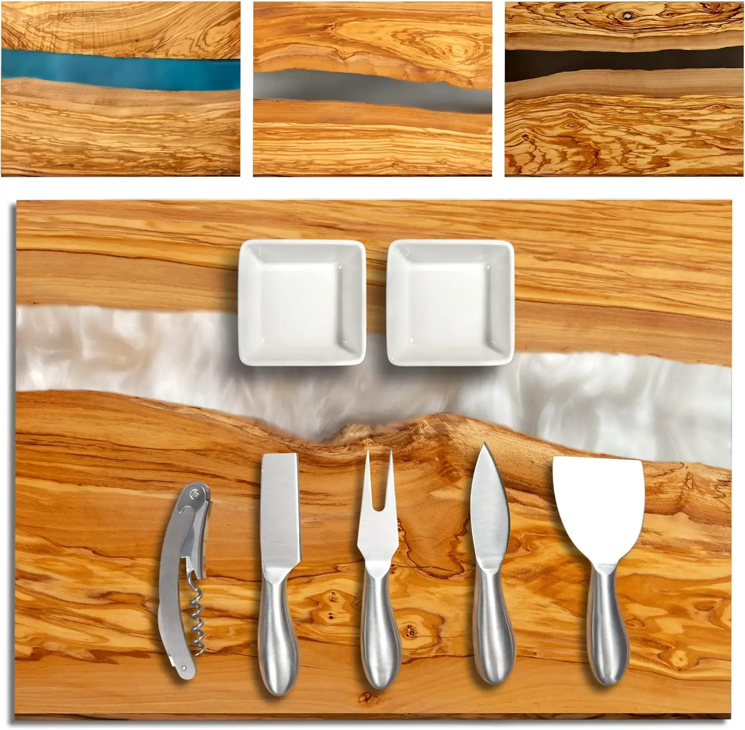 

Handcrafted Italian Olive Wood Cheese & Charcuterie Board Set with Unique White Pearl Resin Artwork - Cutting Board Comes-NEW