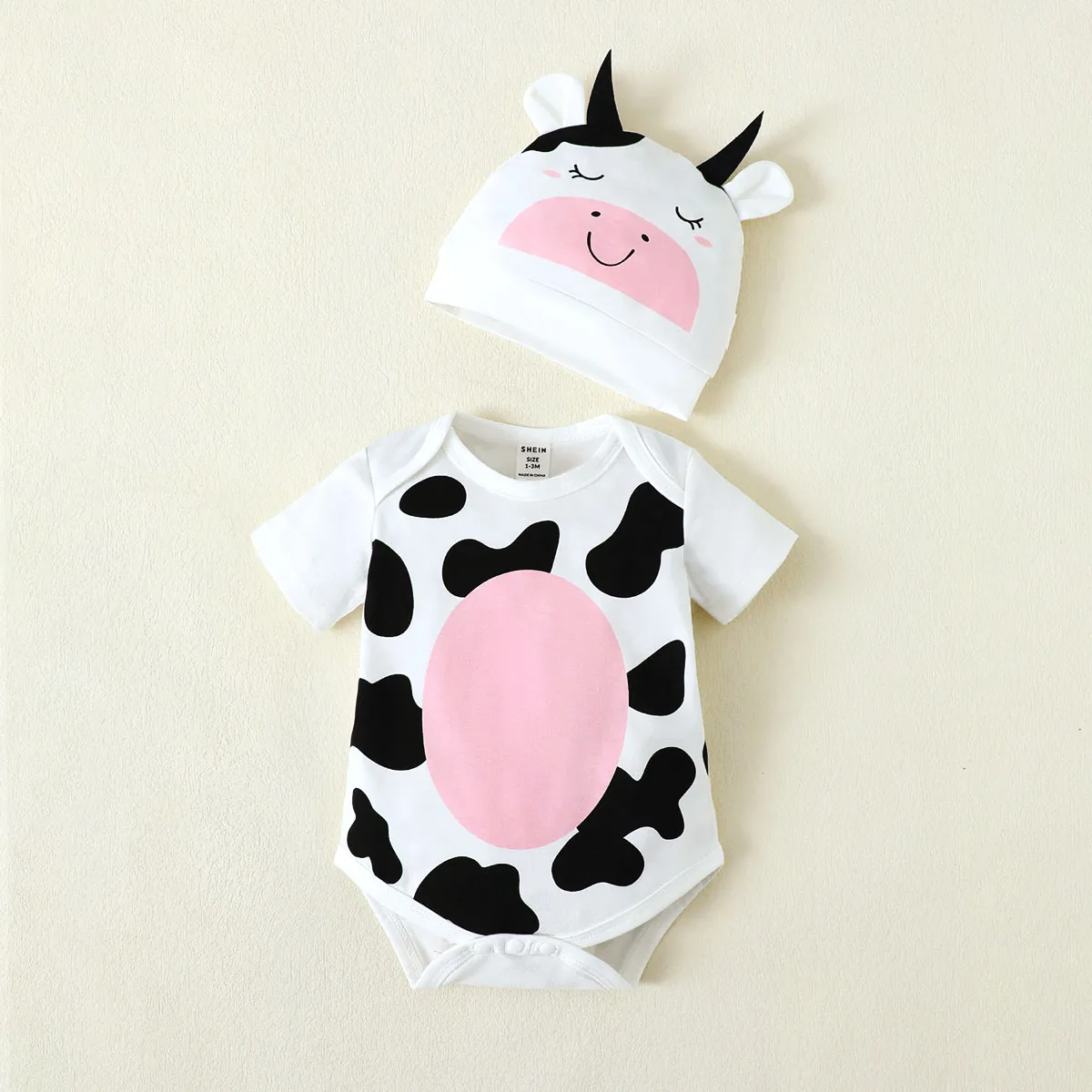 0-9 Monate Neugeborenes Baby Mädchen Body, süßer kleiner Milchkuh-Body und Mütze, 2-teiliges Set, geeignet für Babys, Mädchen, Sommer-Mode-Body – Detail 1