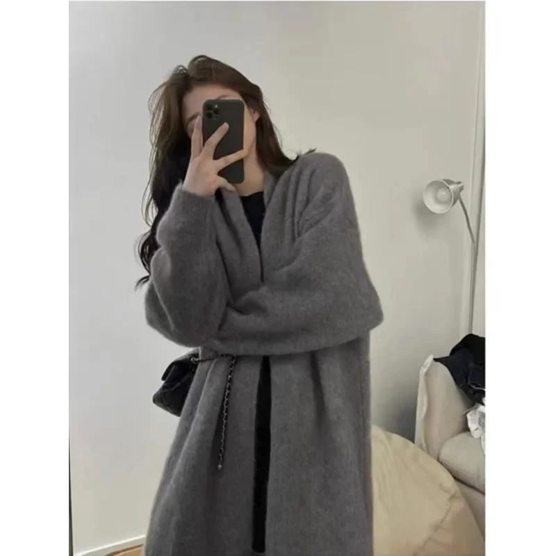 

Women's Knitted Cardigan Soft Waxy Lazy Style Loose Large Women's Sweater Solid Color Outer Wear Mid-length Coat Thick