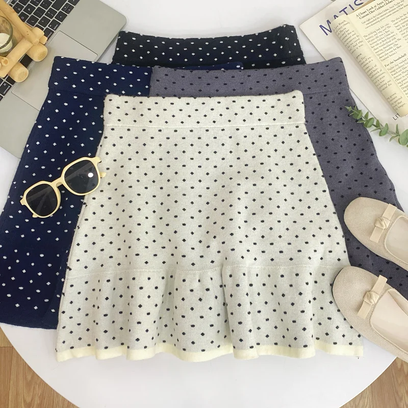 

Универсальная вязаная юбка А-силуэта в горошек с высокой талией, эластичная, утягивающая, для женщин, осень-зима, для повседневной носки