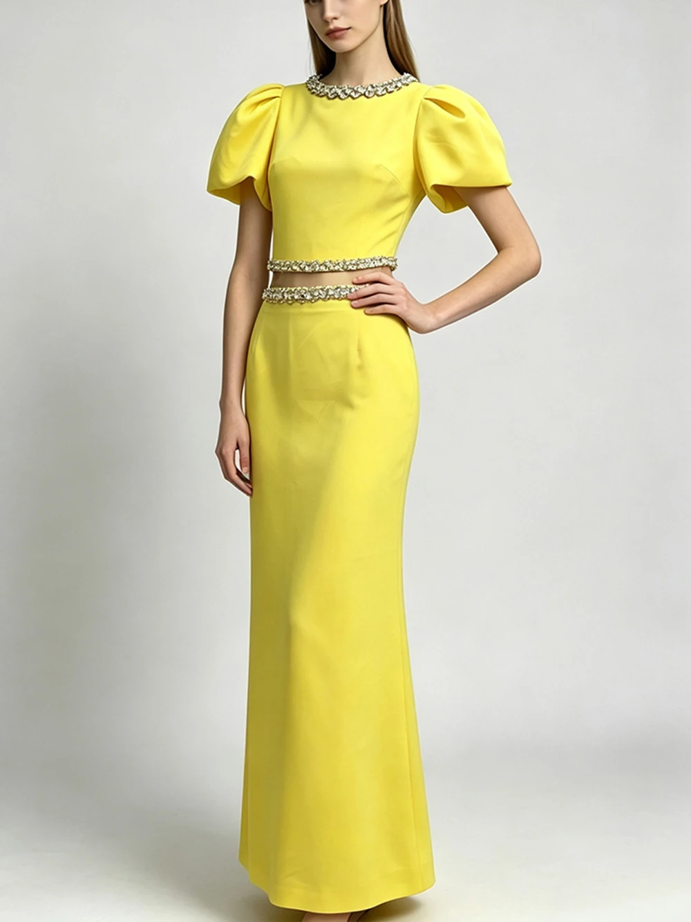 Modphy Solid Luxury Diamond Tops & Skirt Two Piece Sets For Women Bubble Short Sleeve Short Top High Waist Skirt Set Female New