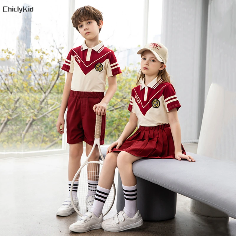 Girls School Uniform Bomber Jacket Joggers Pants Clothes Sets Boys Sport Shorts Kids Skirts Student Outfits Children Polo Shirt