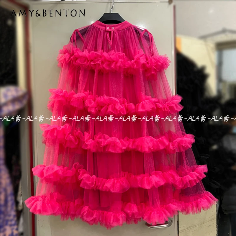 

Spring Summer 2024 New Sweet Dresses Women's Clothes Popular Party Girl Chic Pure Color Mesh Cape Dress Slimming Trendy Vestidos