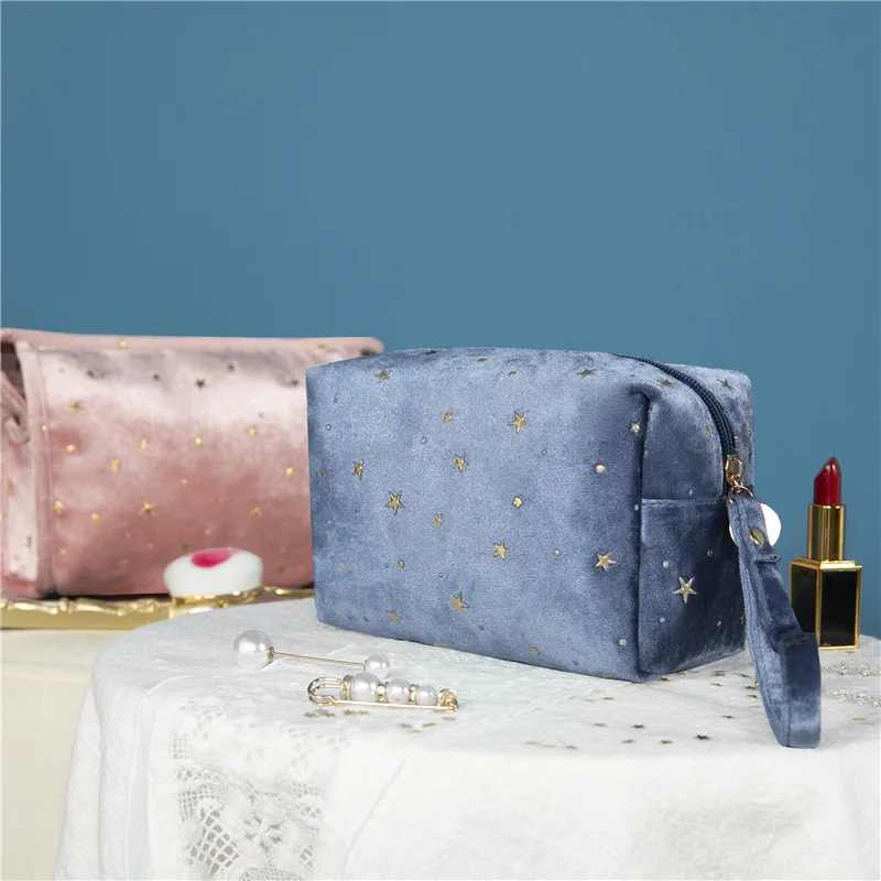 Gold Star Cosmetic Bag Women Zipper Vintage Velvet Makeup Bags Solid Color Female Travel  Make Up Beauty Case Makeup Bag Bolsos