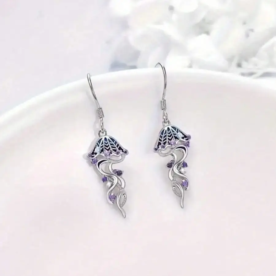 Women Purple Crystal Stone Jellyfish Drop Earrings Silver Color Metal Cute Ocean Elements Dangle Earrings Rhinestone Jewelry