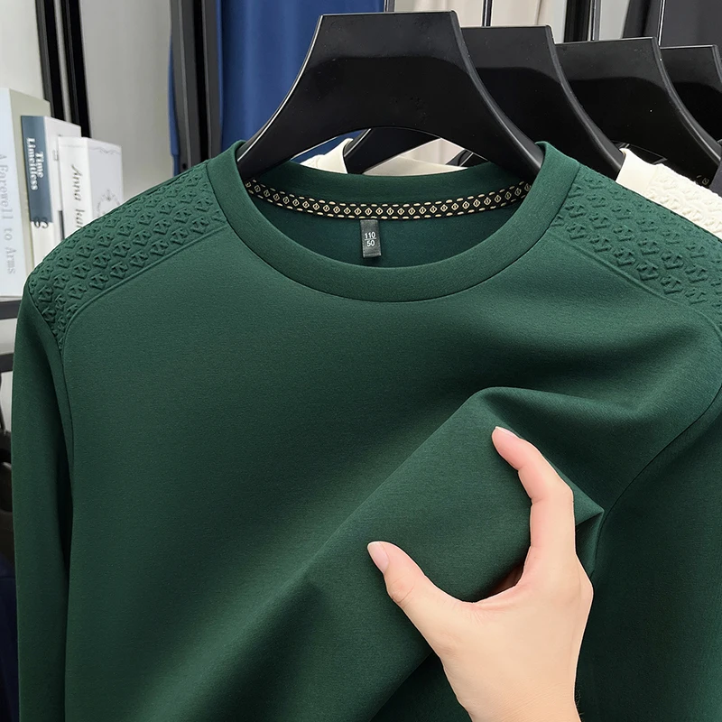 2025 هوديي الرجال الربيع والخريف جولة الرقبة طويلة الأكمام تي شيرت فضفاض عارضة تنوعا قاعدة قميص