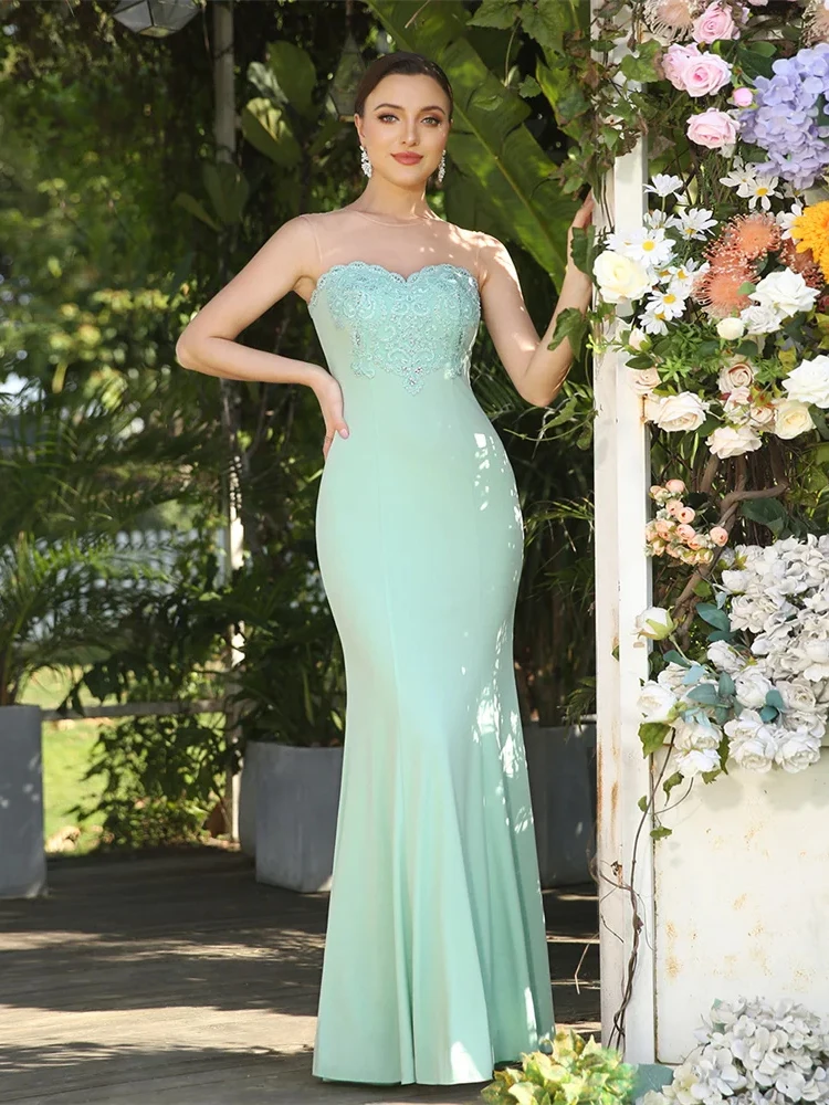 

Elegant Mermaid Evening Dress Sleeveless Sheer Neck Floor Length Party Cocktail Maxi Dresses Beading Appliques Prom Gowns