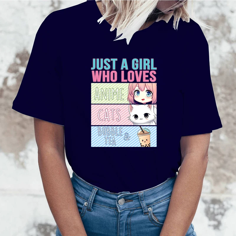 Just A Girl Who Loves Anime Cats Boba T-Shirt Women T Shirt Cosplay Clothes Streetwear Tee Shirt Plus Size Tops