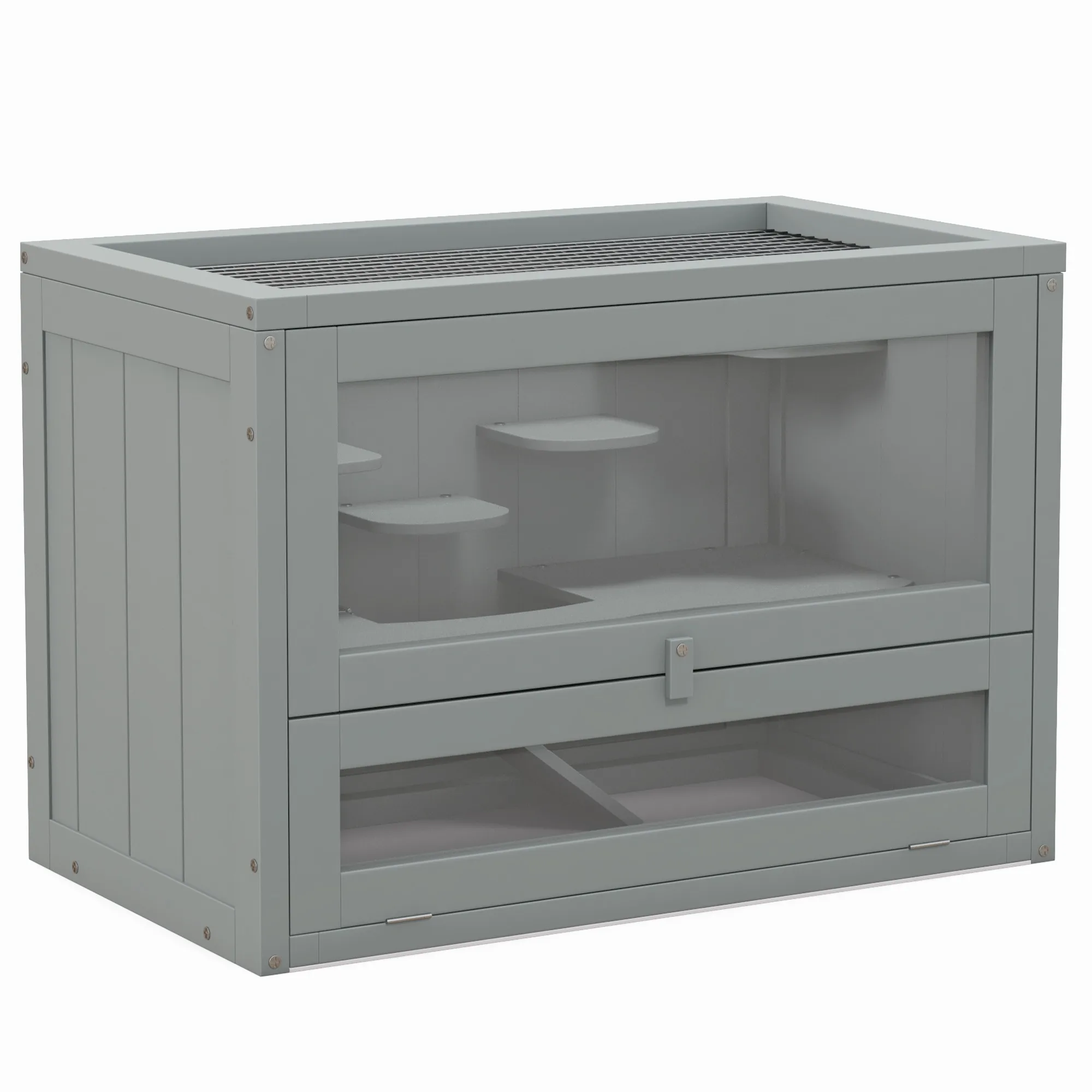 PawHut Jaula para Hámster de Madera de 2 Niveles Casa para Animales Pequeños con Plataformas Escaleras 60x35x42 cm Gris