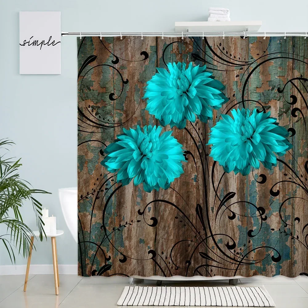 Retro Wood Board Flower Shower Curtains Creative Dahlia Floral Black Line Plant Old Plank Fabric Bathroom Decor Bath Curtain Set