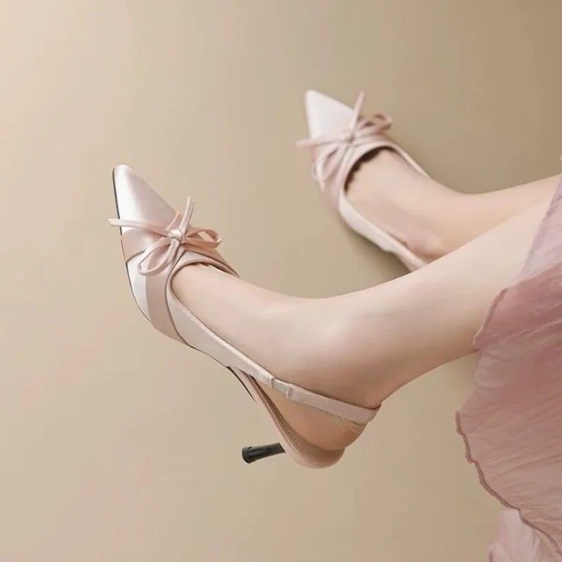 Women's High Heel Sandals Show Long Legs 5cm Hollow Back Knot Pointed Toe Summer Shoes Sexy Casual Slip-On