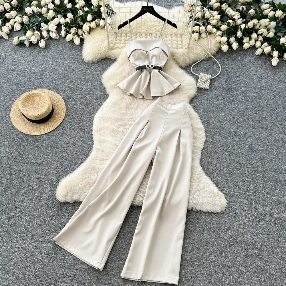 

Pant Set Women Two Piece Sets Sling Sexy Sleeveless Short Tops Wide Leg Long Pants High Waist Y2k Streetwear Casual Elegant