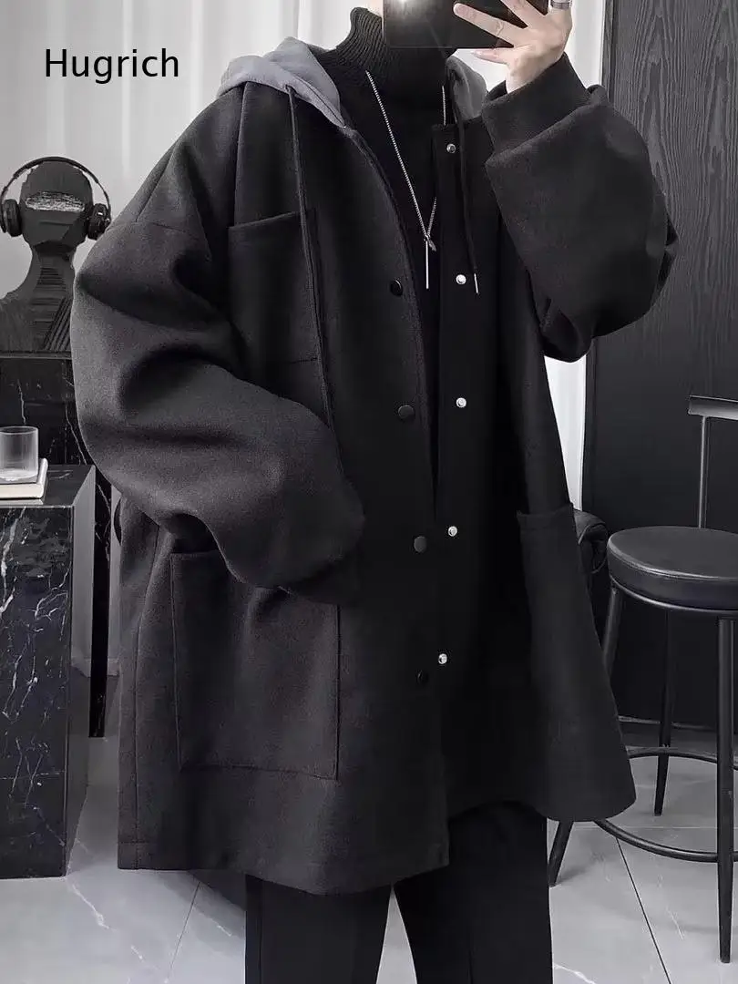 Black Grey Contrast Lining Hooded Wool Coat Mens Oversized Big Pocket Streetwear Winter Overcoat