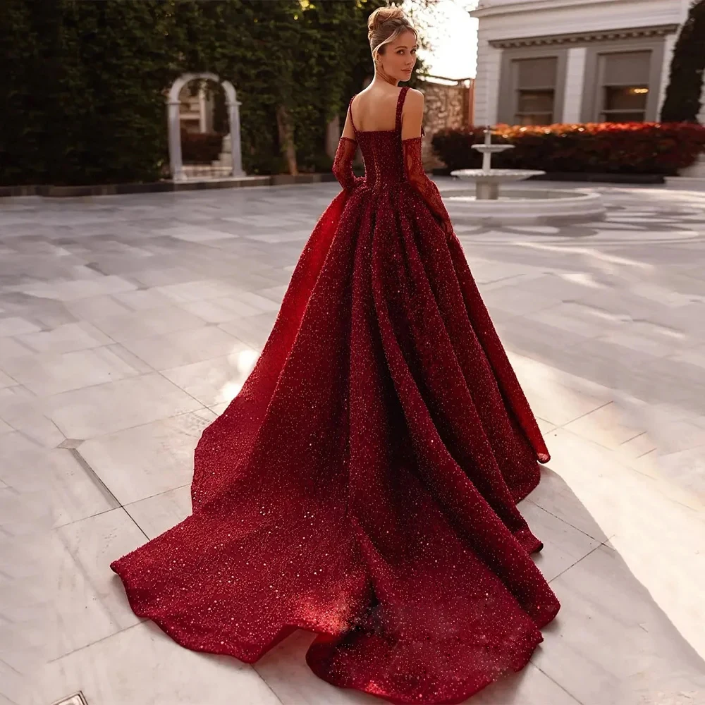 Customized Sequin A Line Engagement Dresses Square Neck Beading Evening Gown Corset Princess vestidos de novia Sweep Train