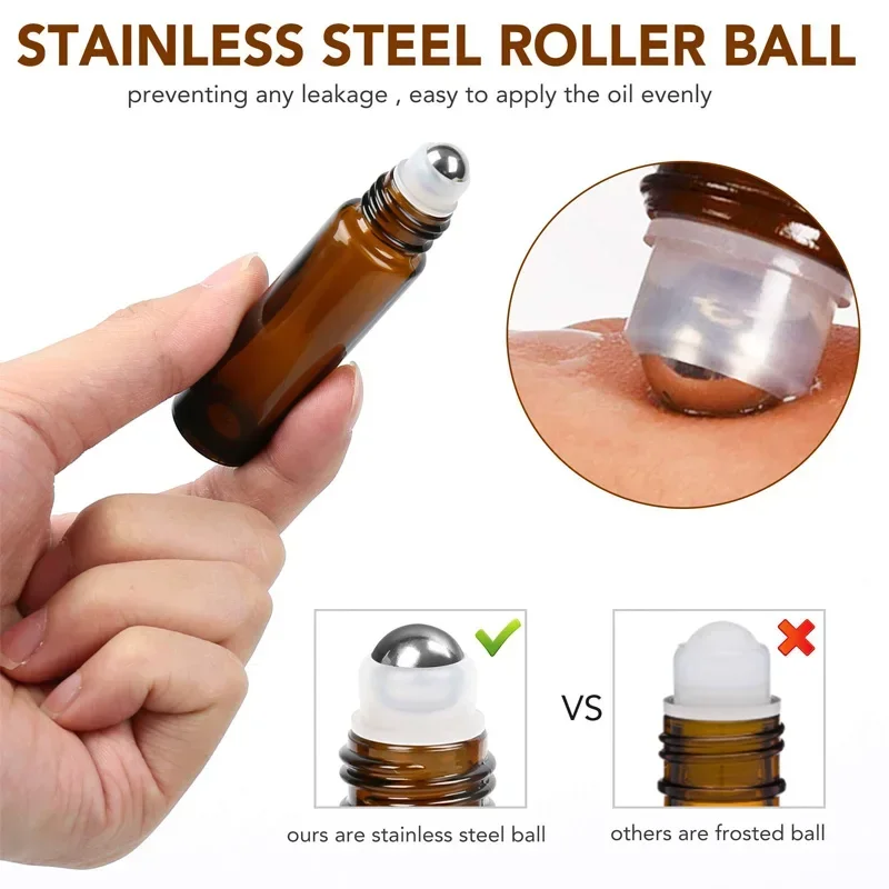 5 unidades/pacote 1ml 2ml 3ml 5ml 10ml garrafas de vidro colorido rolo amostra teste frascos de óleo essencial com rolo bola de metal