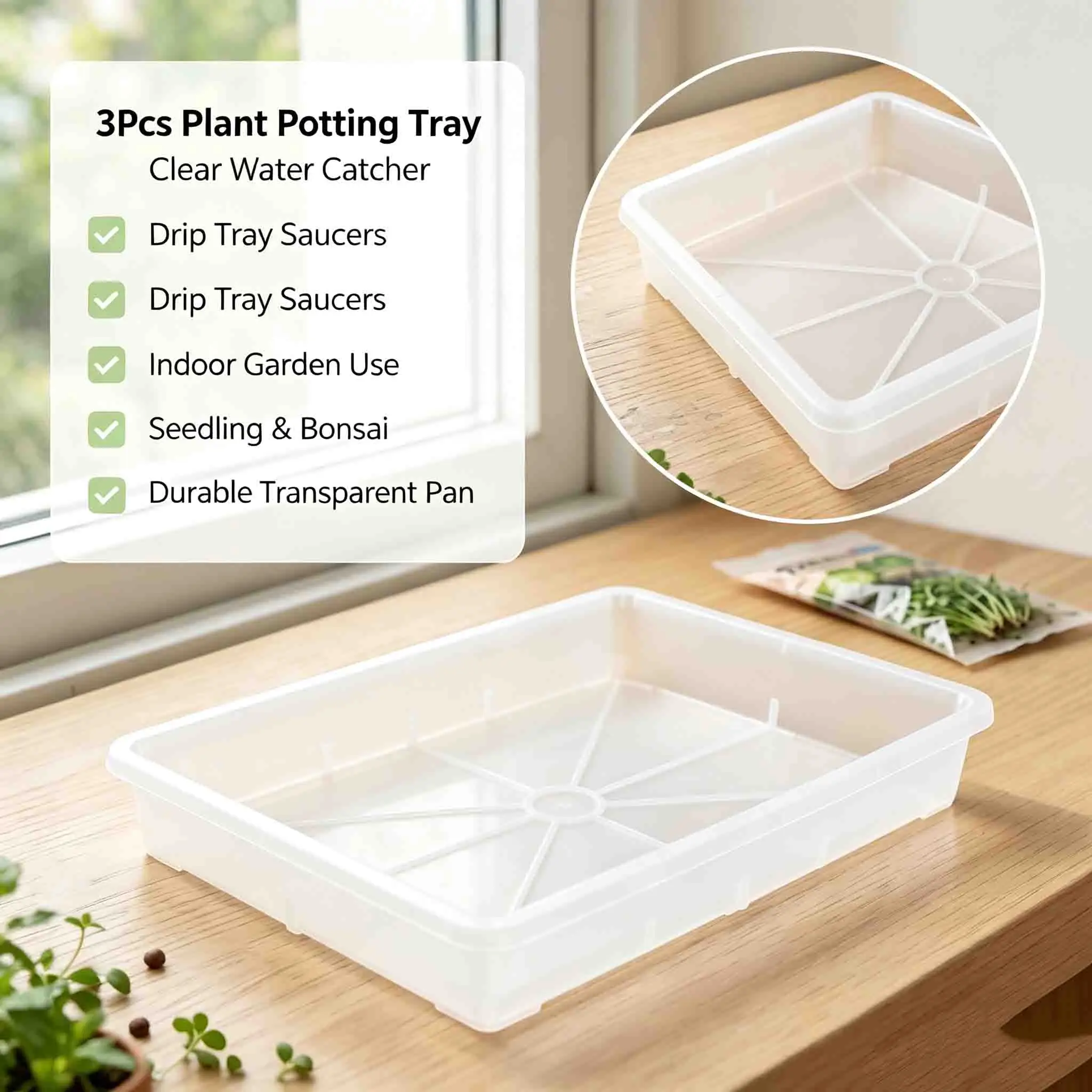 3Pcs Clear Plant Pot Saucers Transparent Water Drip Tray Flower Pot Water Catcher Pan Indoor Bonsai Seedling Gardening Tray