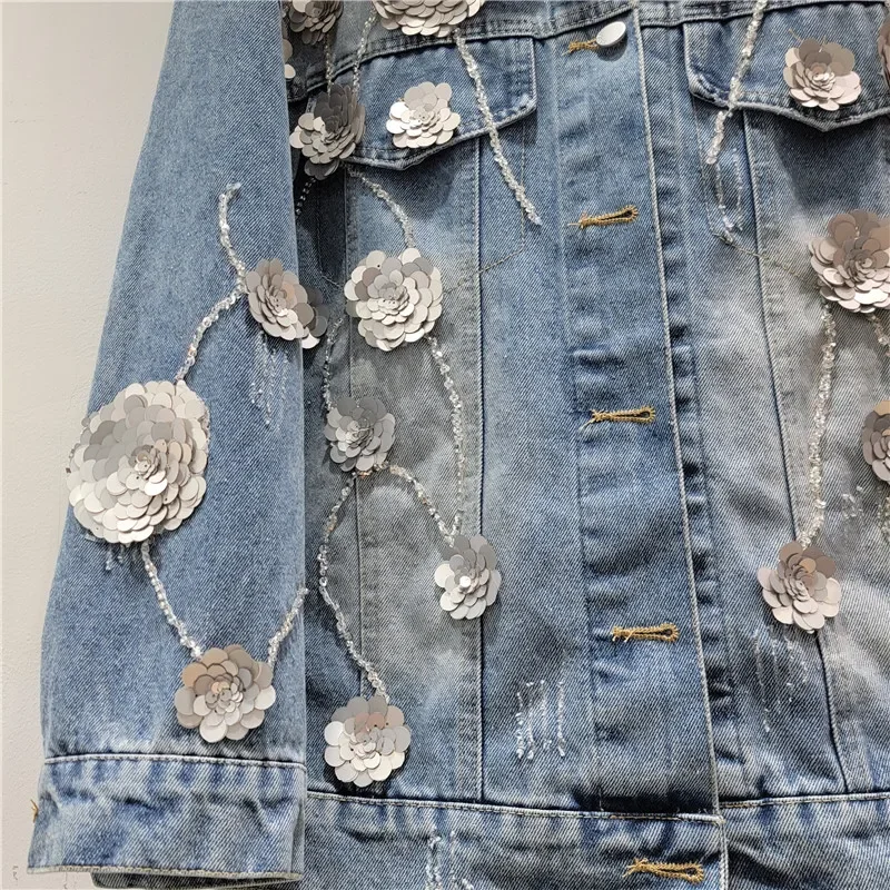 

Heavy Work Sequins Flower Casual Washed Blue Denim Jacket Spring Autumn Fashion Frayed Burrs Long Sleeve Female Cowboy Outerwear
