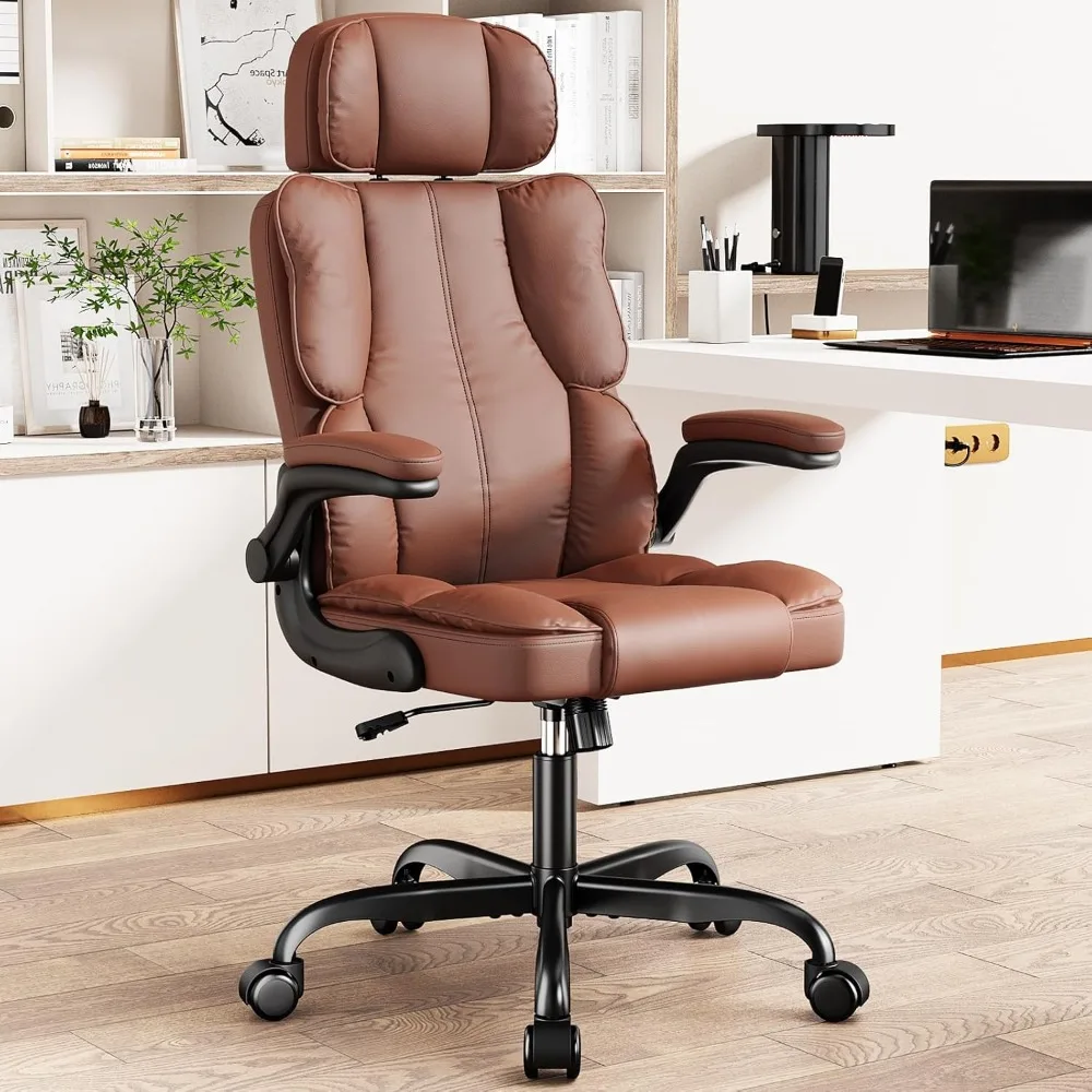 

Ergonomic High Back Office Chair Adjustable Headrest Flip Arms 135 Rock PU Leather Brown