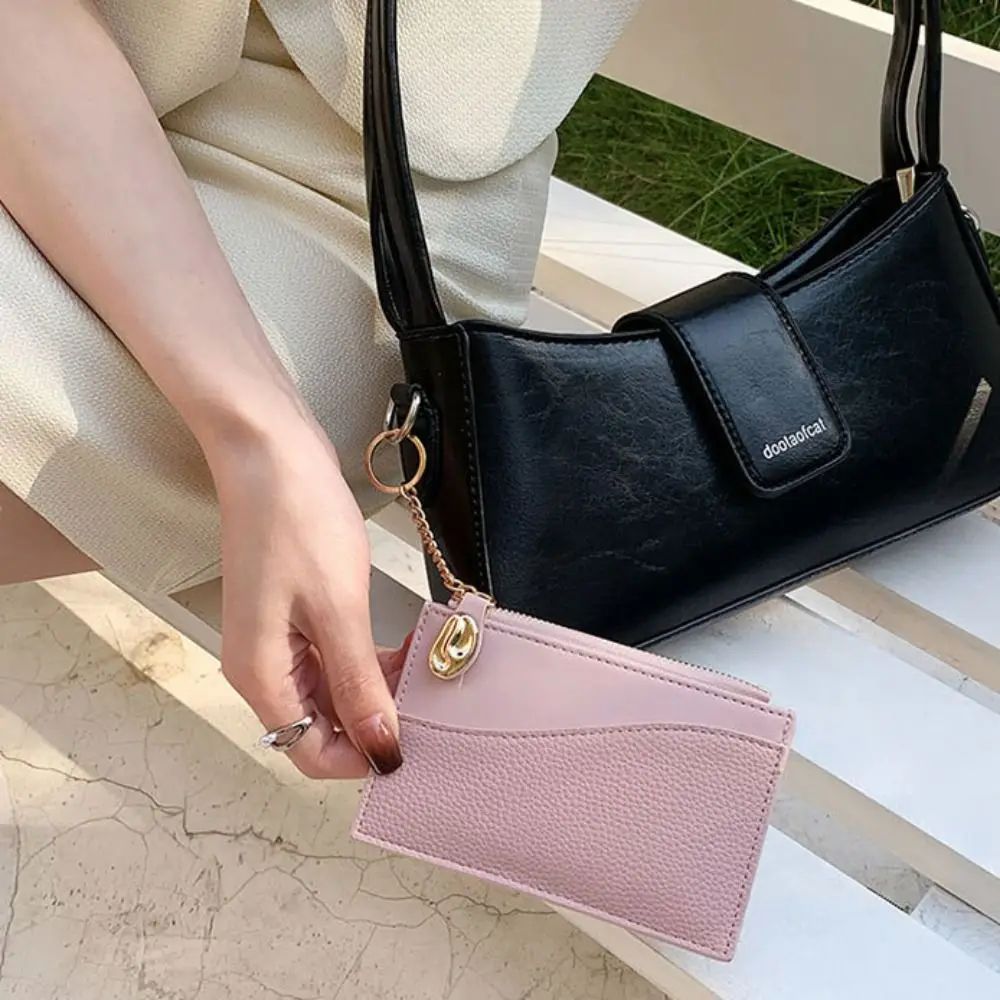 

Portable Korean Style Thin Card Bag Solid Color with Key Chain Mini Wallet Card Holder PU Zipper Coin Purse Men
