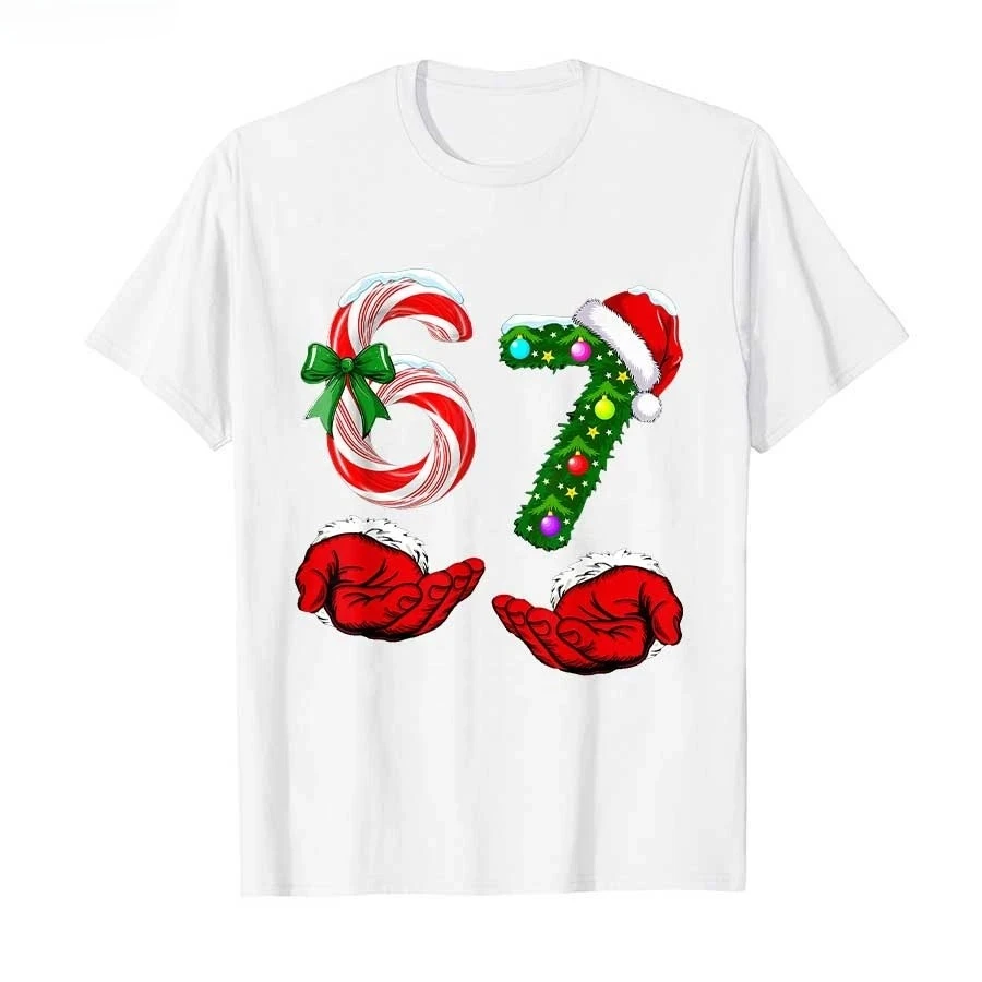 Funny 67 Christmas 6 7 Meme Pajamas Holiday Gen Alpha Slang Cartoon Printed T-shirt for Women T Shirts Short Sleeve Clothing