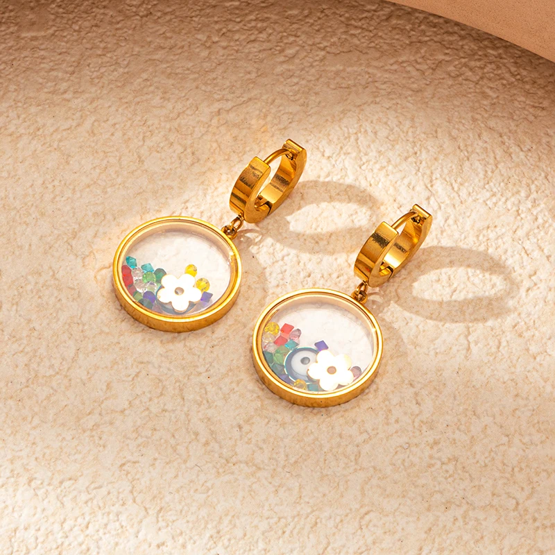 ANENJERY L316 Stainless Steel Colorful Stone Flower Round Pendant Necklace Earrings for Women Simple Unique Jewelry Set Gift