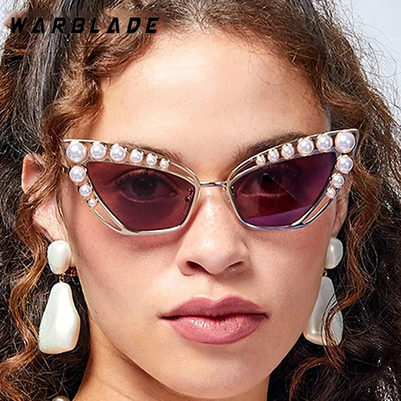 

Luxury Brand Designer Sunglass Hollow Pearl Triangle Cat Eye Sunglasses Women Male Street Photography Party Eyewear UV400 Gafas
