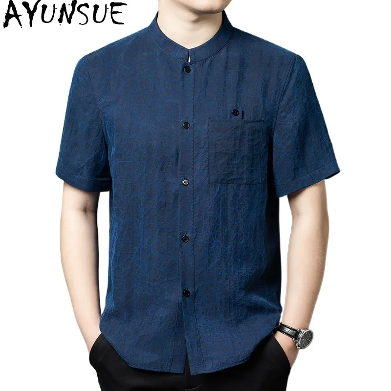 

AYUNSUE High-end Real Gauze Silk Shirt for Men Summer Short Sleeve Tops 100% Mulberry Silk Shirts Man Reversible Shirt Stand