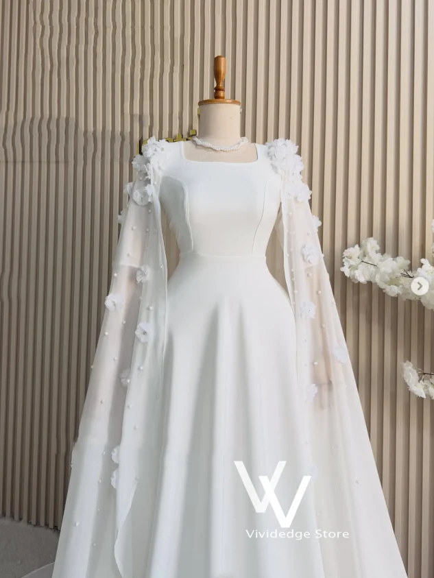 Customized White Muslim Bridal Gown for Women vestido novia Square-neck Kaftan with Appliqué Beaded Shawl robe Wedding Dress