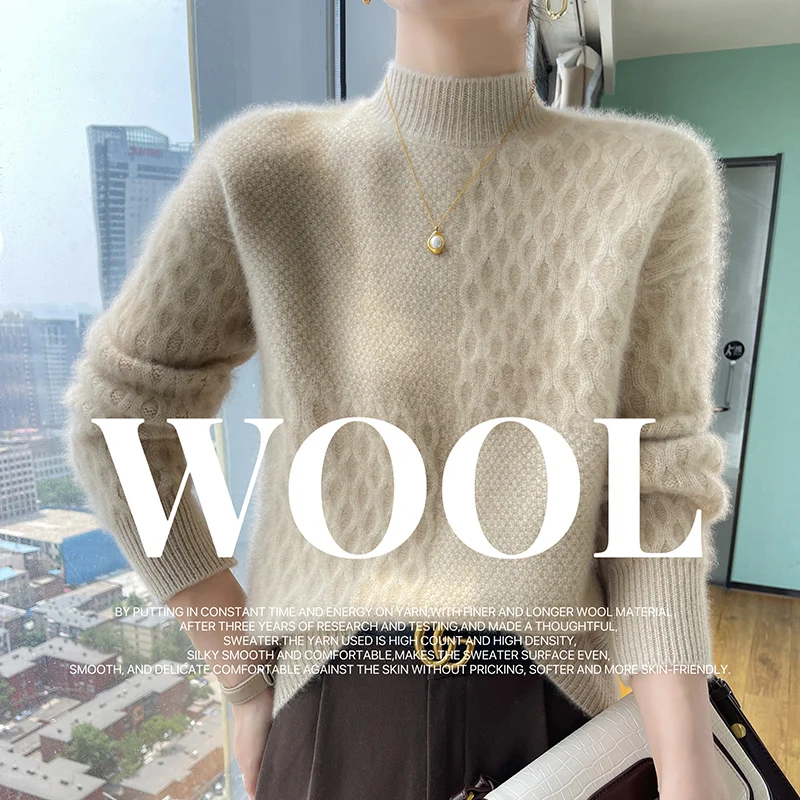 Autumn And Winter New 100% Pure Wool Thick Loose Half-High Turtleneck Pullover Women\'s Long Sleeve Bottoming Cashmere Top.