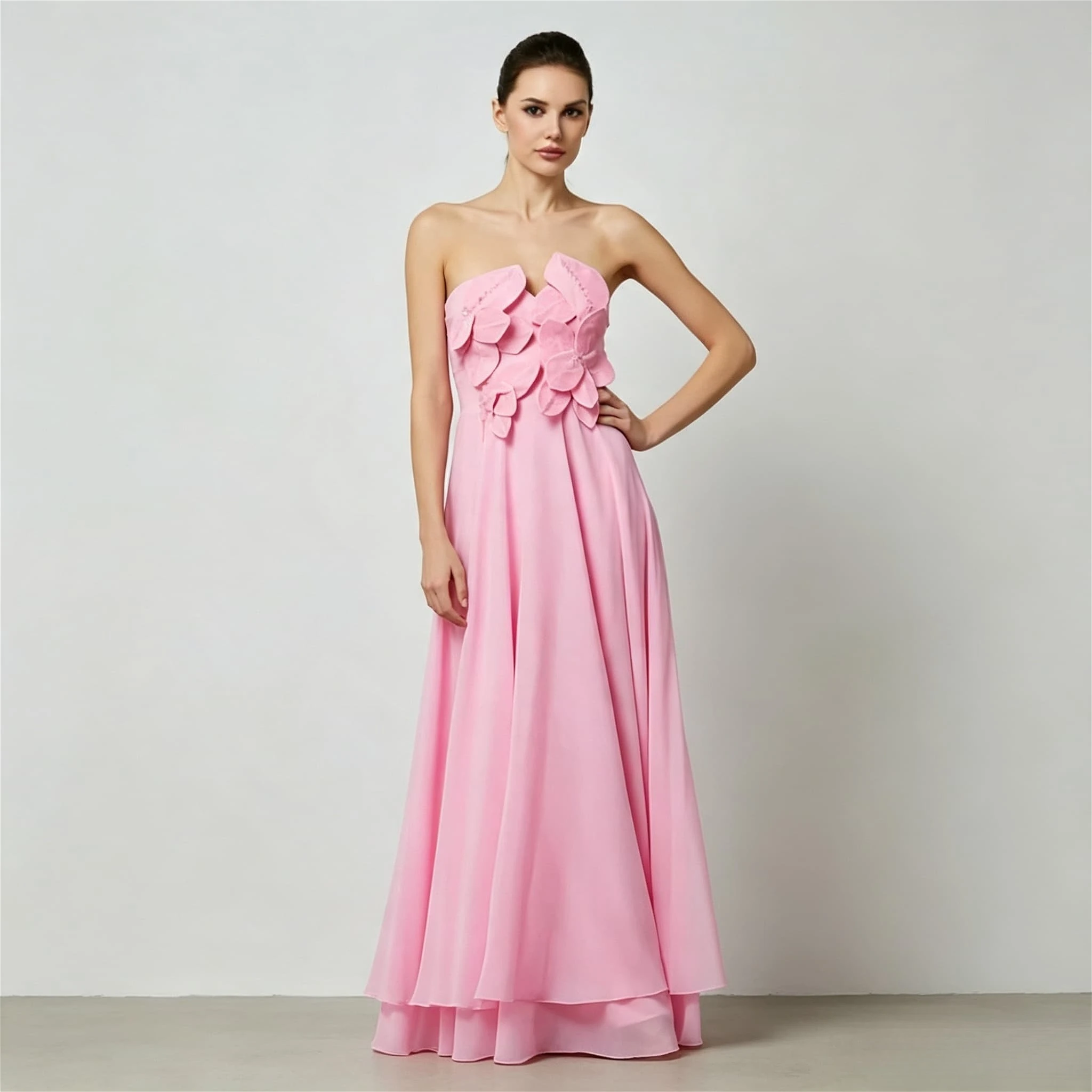 Customized Pink A Line Evening Dress Strapless 3D Floral Applique Chiffon Flowy Formal Wedding Guest Long Wedding Party Gown
