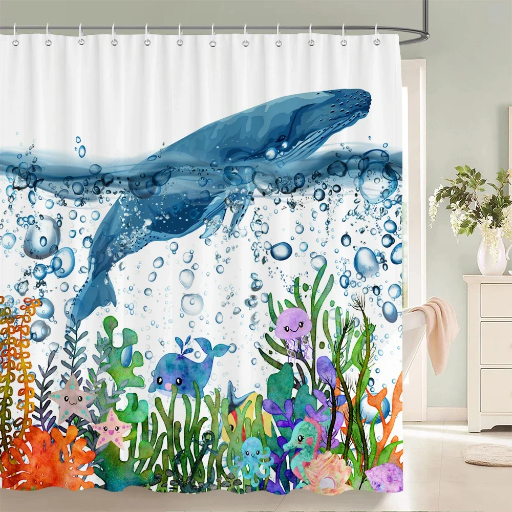 

Dolphin Shower Curtain Blue Underwater World Marine Life Polyester Fabric Kids Ocean Theme Bathroom Decor Set with 12 Hooks