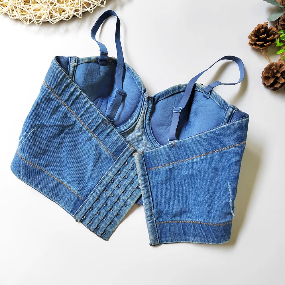 Denim Halter Neckline Beaded Strapless Top For Women Nightclub Hottie Elastic Design Niche Top Slimming Back-Baring Fitted Vest