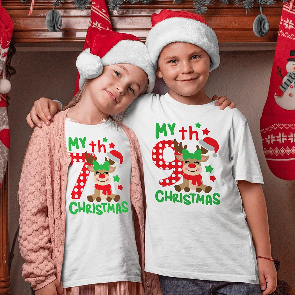 My 7th Christmas Printed 1-9 Christmas Child Clothes Boys Girls Short Sleeve T-shirt Kids Graphic Tee Xmas Holiday T Shirt Gifts