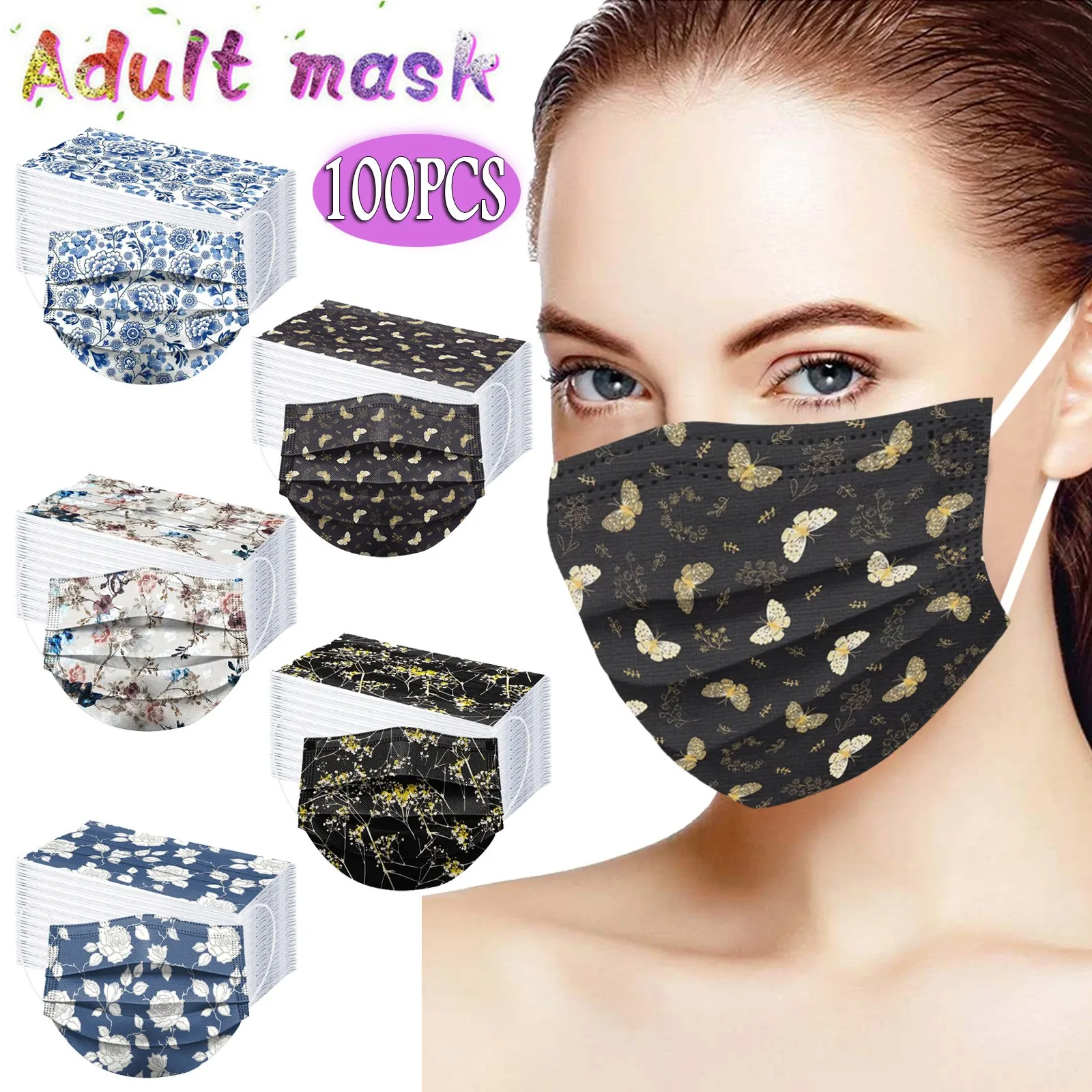 Printed Mask Adult 100pcs Disposable Butterfl Floral Face Cover Mouth Guard Outdoor Breathable Protection Accessory 2026 T1