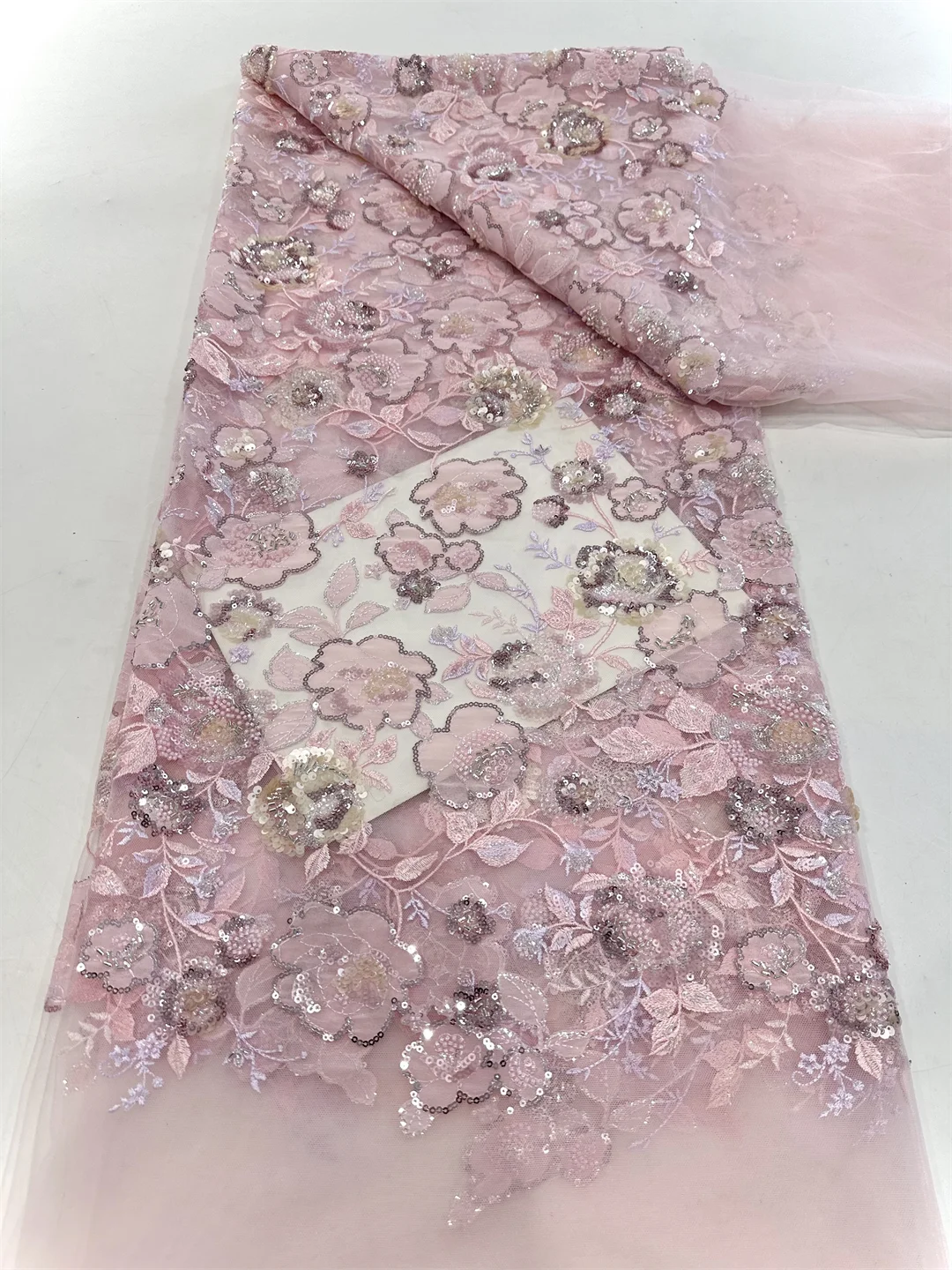 

Wholesale African Sequins Lace Fabric 2025 High Quality Lace Embroidery Beaded Mesh Fabric 5 Yards For Women Wedding Party