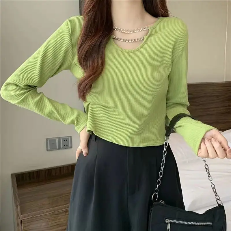 Fashion Solid Color Spliced Chain Korean T-Shirts Female Clothing 2023 Autumn New Loose Casual Tops All-match Tee Shirt