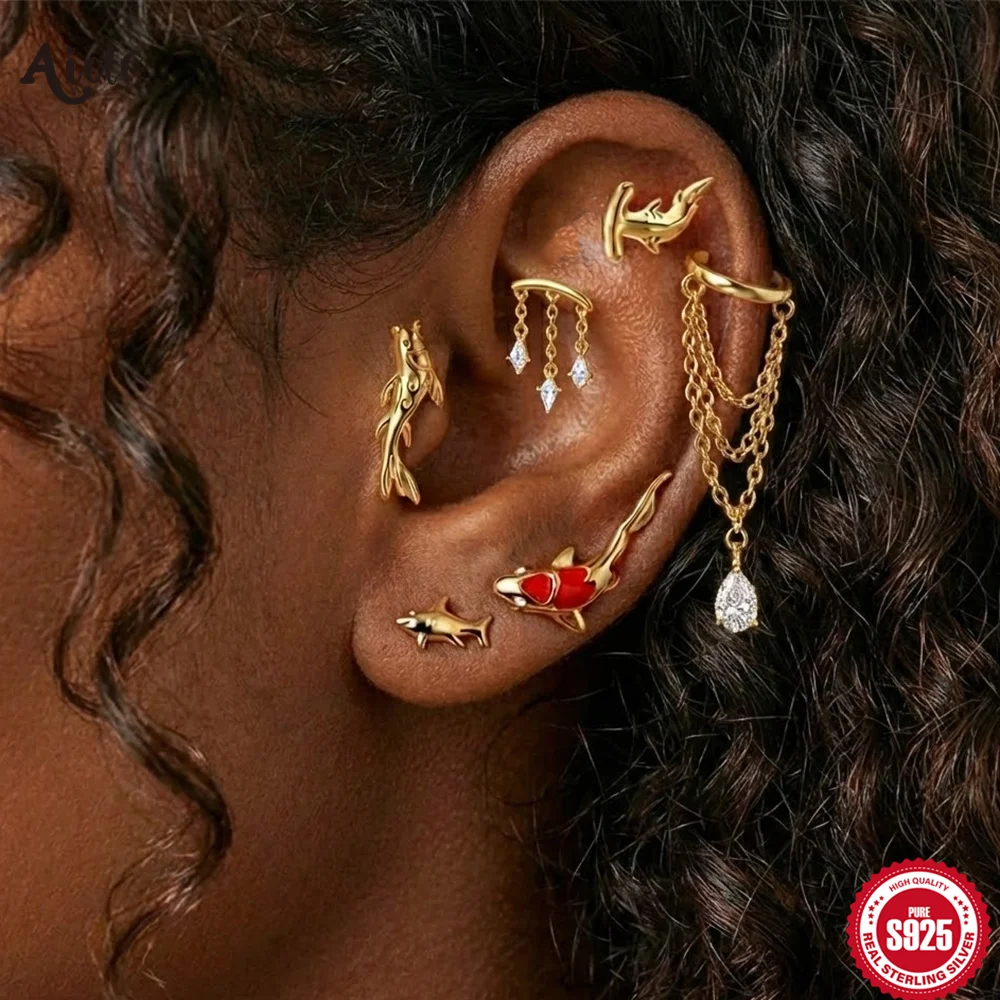 

Aide 925 Sterling Silver Cartilage Earring Enamel Oil Drop Piercing Jewel for Women Helix Tragus Conch Chain Stud New Year Gift